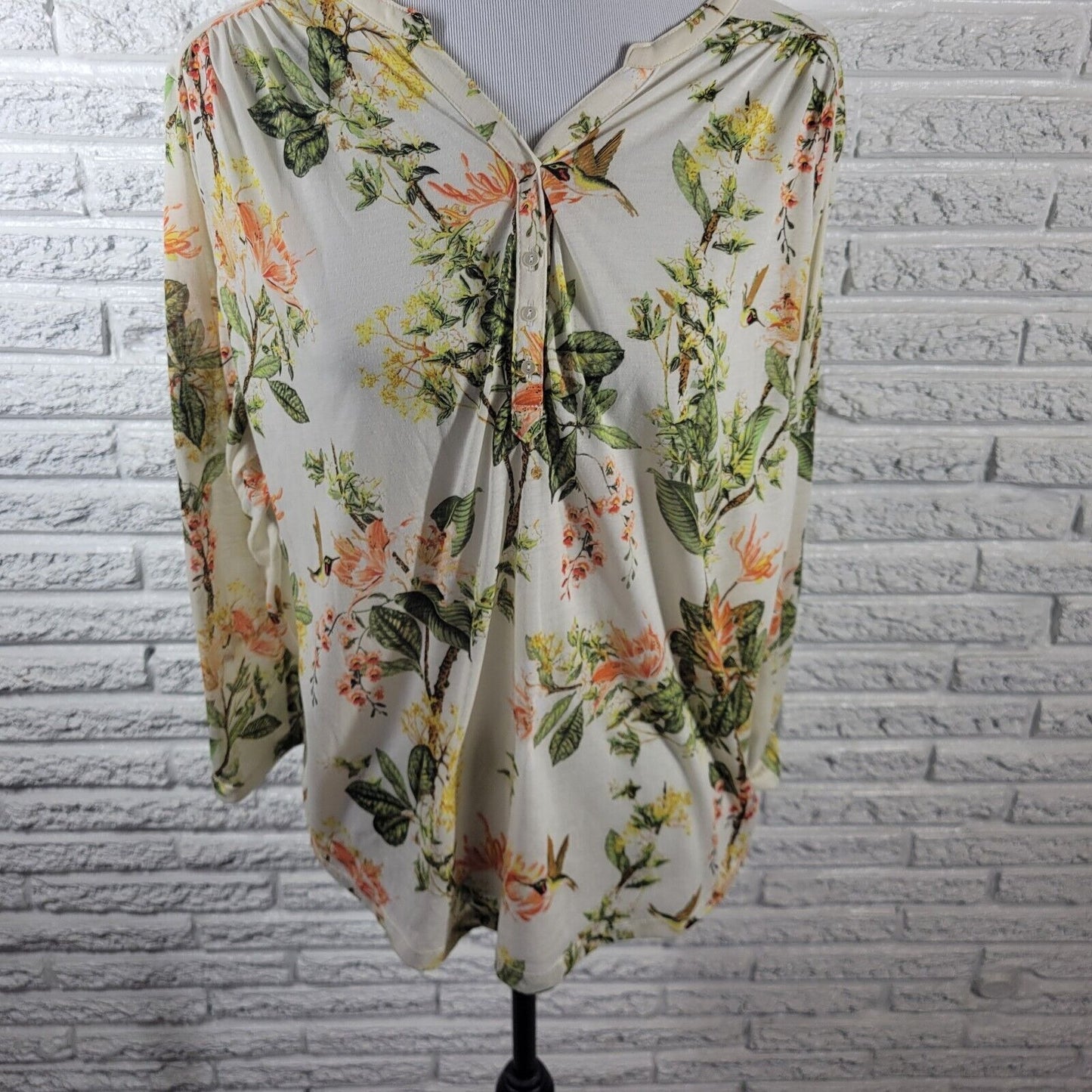 H & M Womens Top Extra Large Long Sleeve Green Yellow Floral Quarter Button Poly