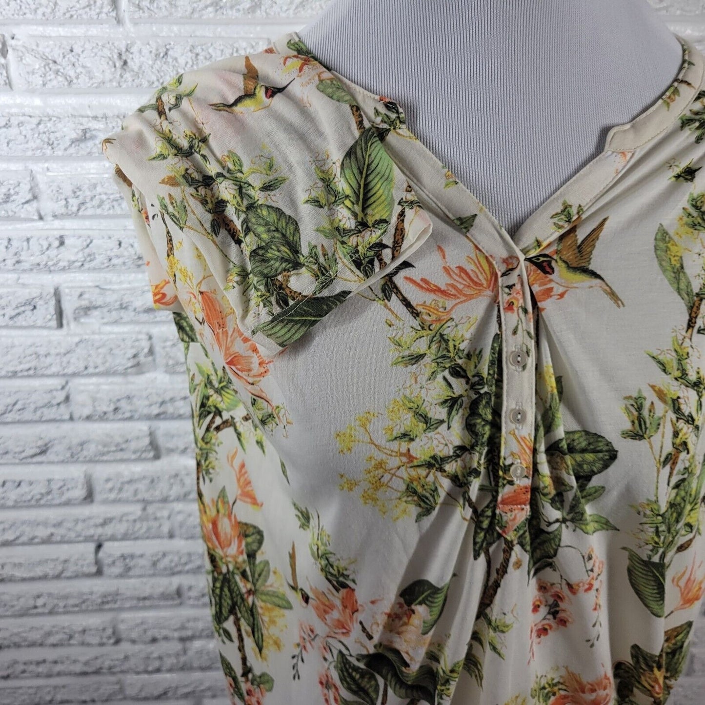 H & M Womens Top Extra Large Long Sleeve Green Yellow Floral Quarter Button Poly