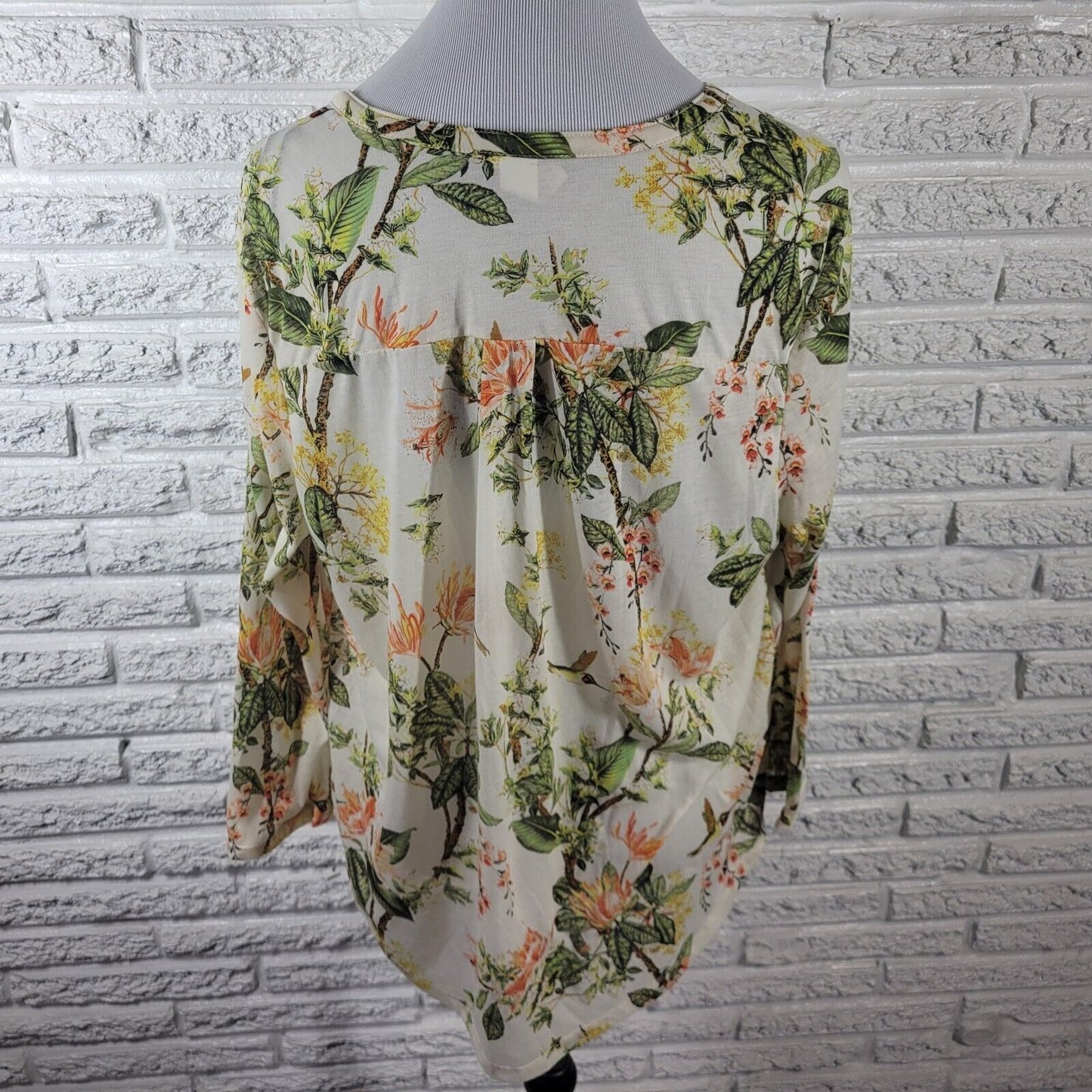 H & M Womens Top Extra Large Long Sleeve Green Yellow Floral Quarter Button Poly