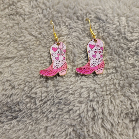 Valentine's Day Cowgirl Boot Earrings Pink White Heart Western Rodeo Dangle Drop