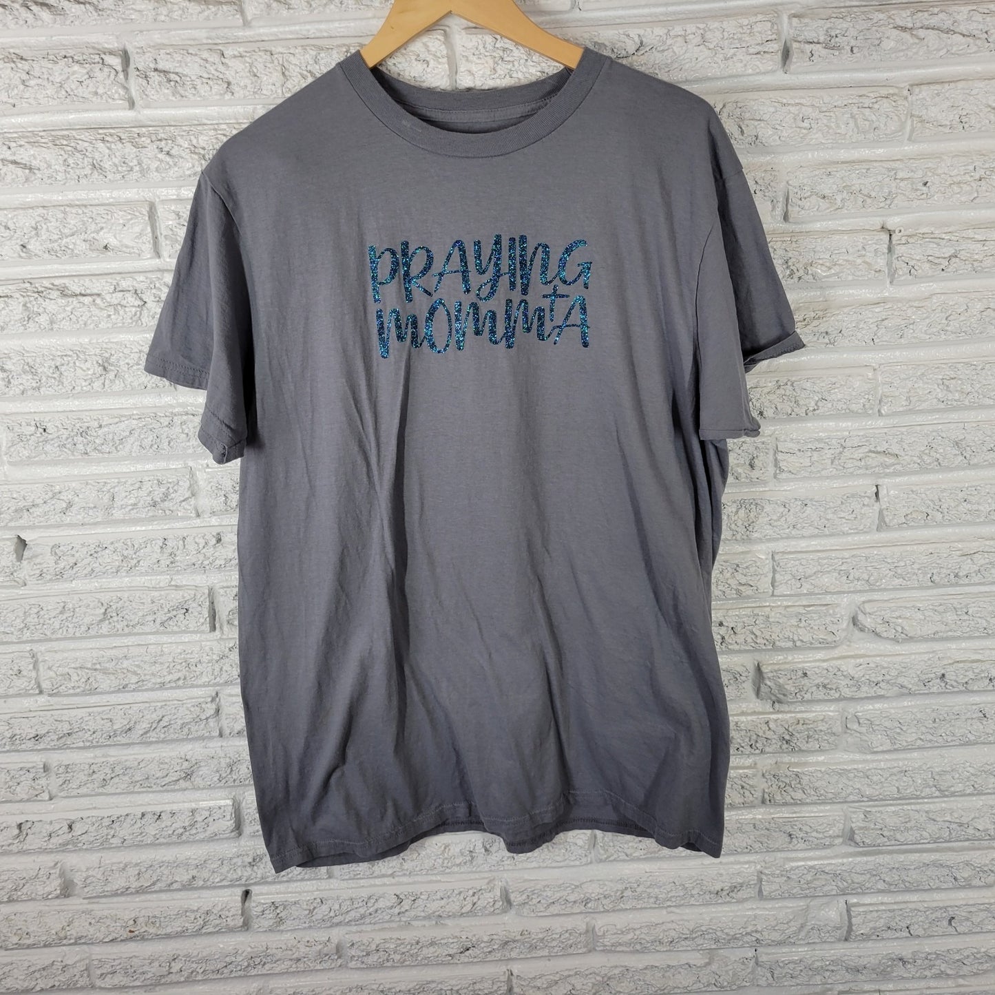 Womens Top XL Tee Short Sleeve Gray Praying Mama Glitter Christian Cotton