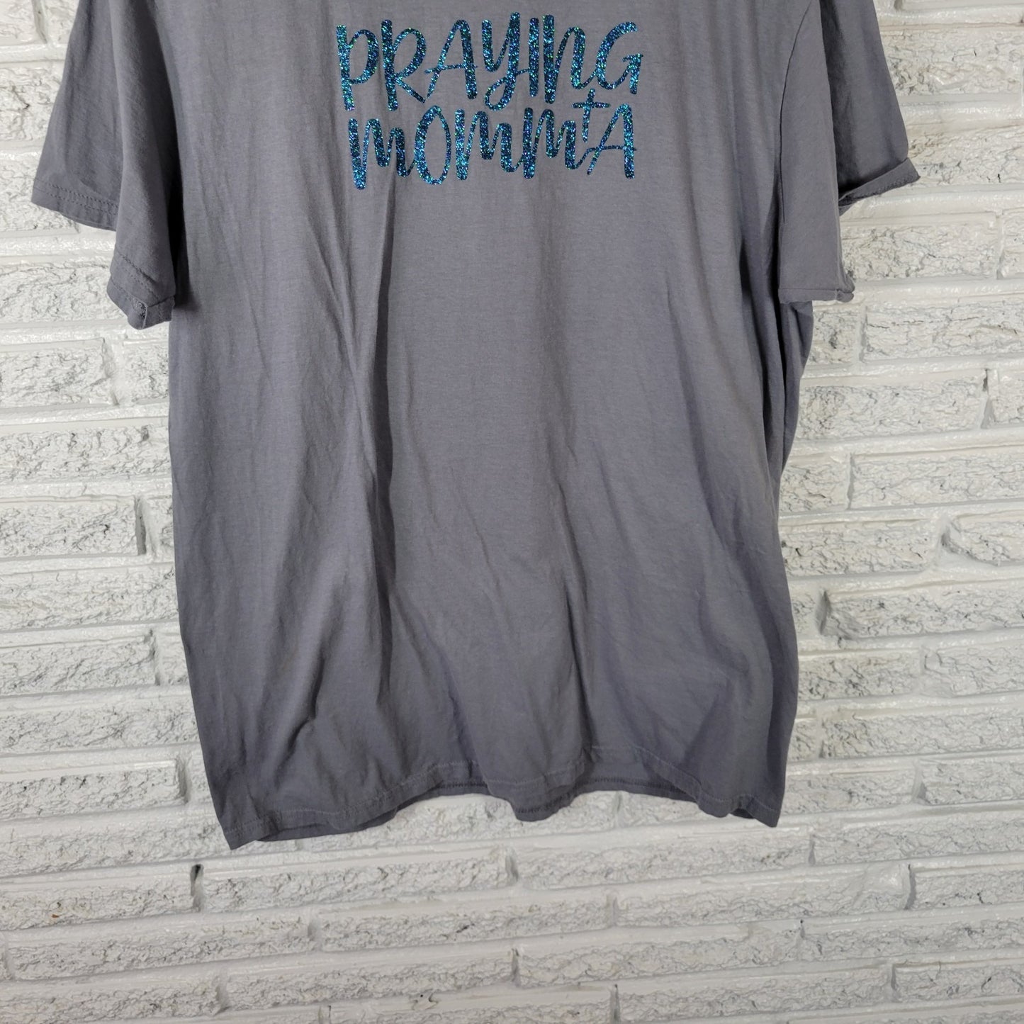 Womens Top XL Tee Short Sleeve Gray Praying Mama Glitter Christian Cotton