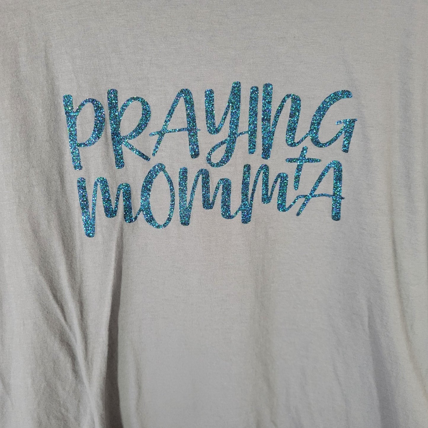 Womens Top XL Tee Short Sleeve Gray Praying Mama Glitter Christian Cotton