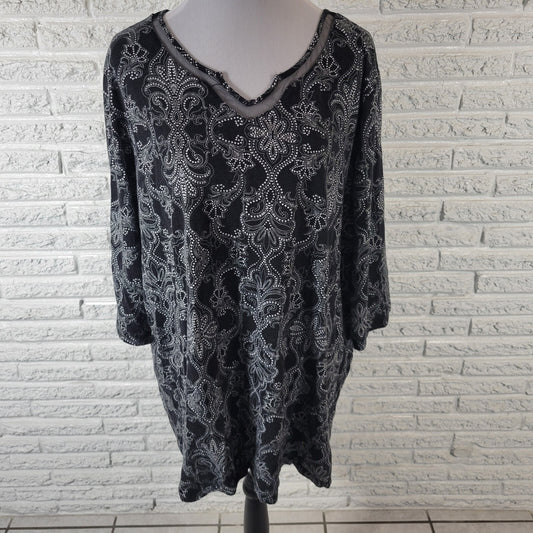 Catherines Womens Top 2X 22W 24W Plus Tunic Mesh Neckline Cotton Black Geometric