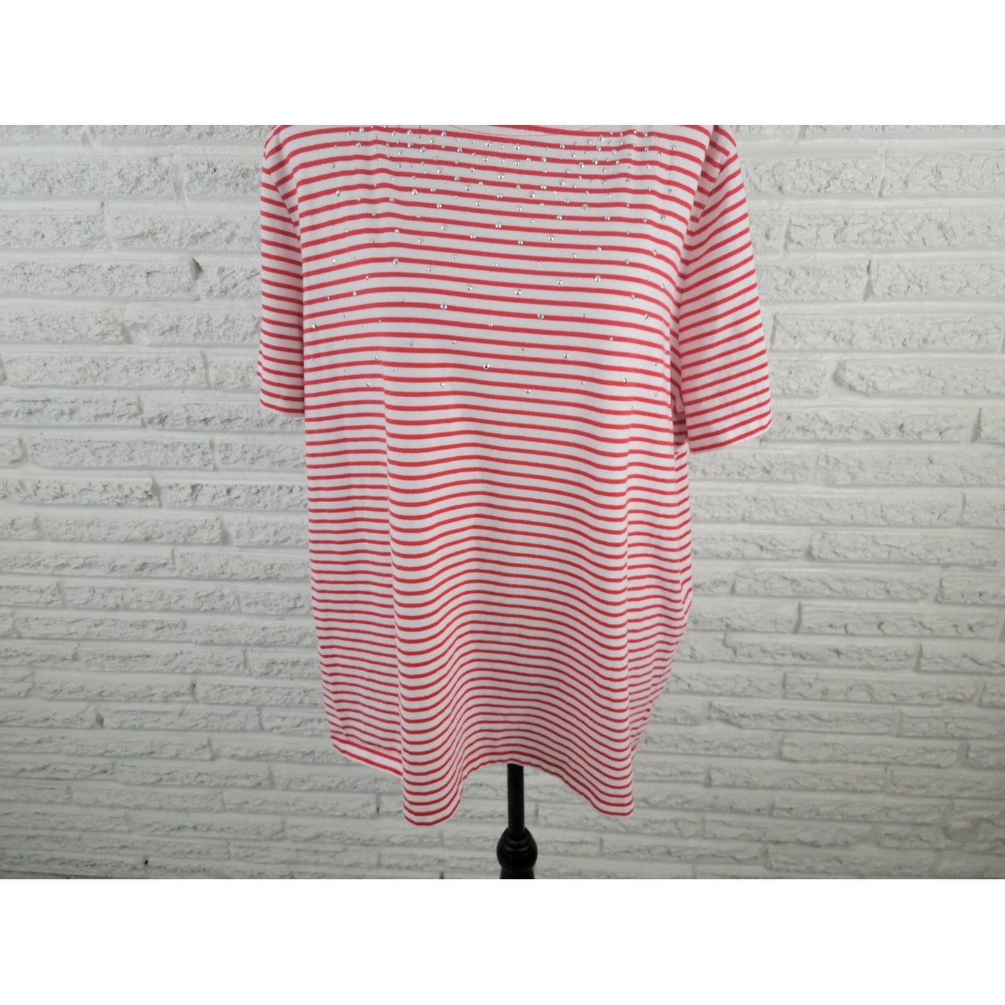 Coral Bay Women Top 2X Plus Tee Studded Pullover Red Stripe Casual Lightweight