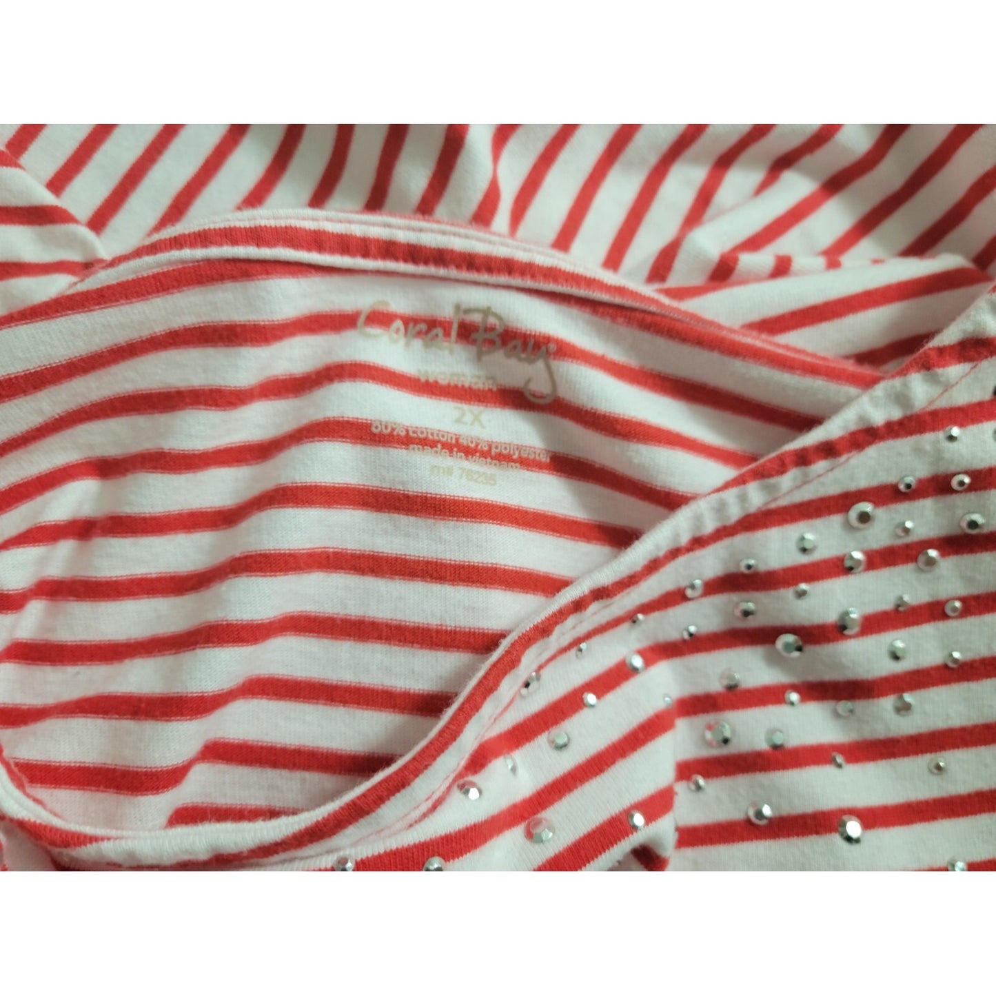 Coral Bay Women Top 2X Plus Tee Studded Pullover Red Stripe Casual Lightweight
