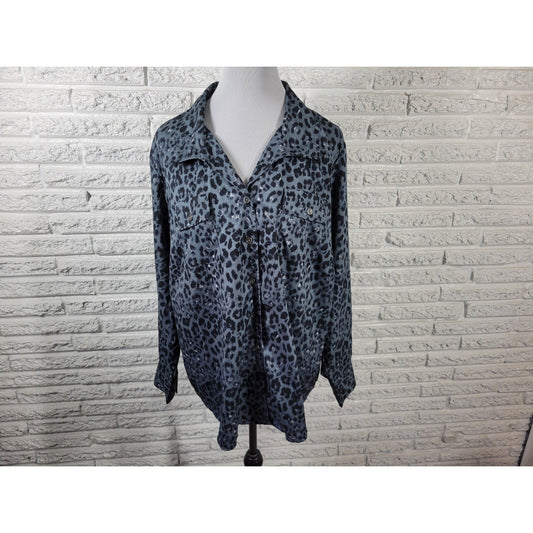 Gloria Vanderbilt Casuals Womens Top 2X Long Sleeve Blue Animal Print Pockets