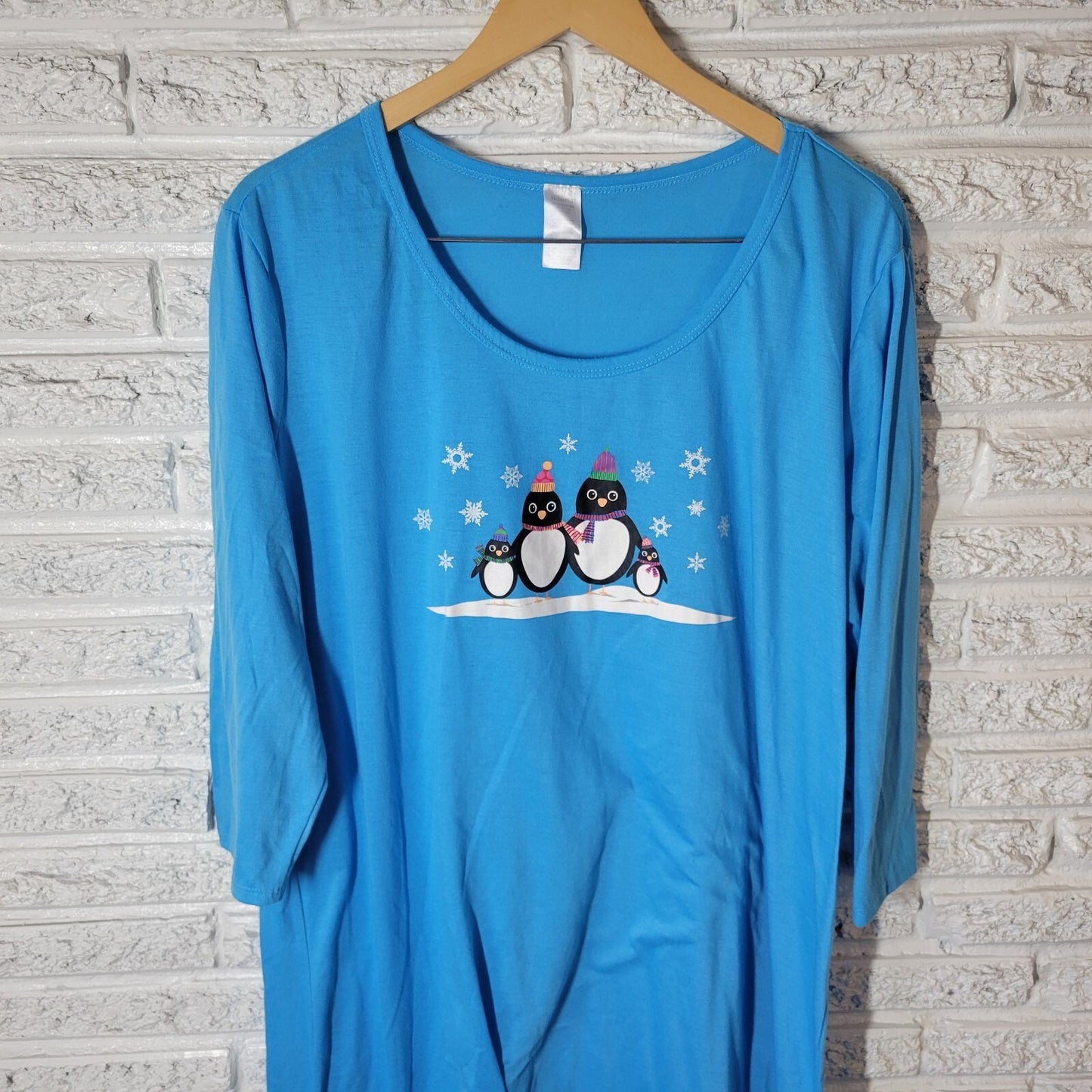 Women Sleep Shirt Nightgown 1X 2X Plus 3/4 Sleeve Blue Penguins Loungewear Comfy