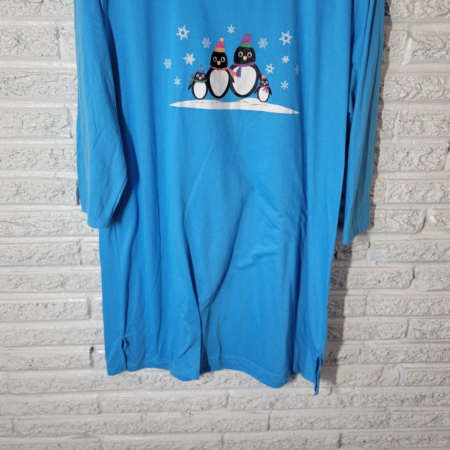 Women Sleep Shirt Nightgown 1X 2X Plus 3/4 Sleeve Blue Penguins Loungewear Comfy