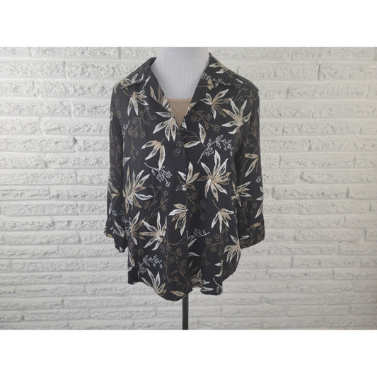 Dress Barn Womens Top Extra Large with Shell 3/4 Cuff Sleeve Office Black Floral