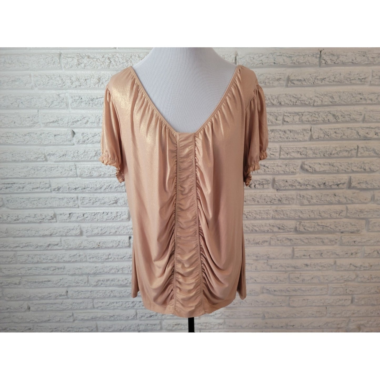 Worthington Womens Top 2X Plus Puff Sleeve Metallic Gold Glitter Ruched Beige