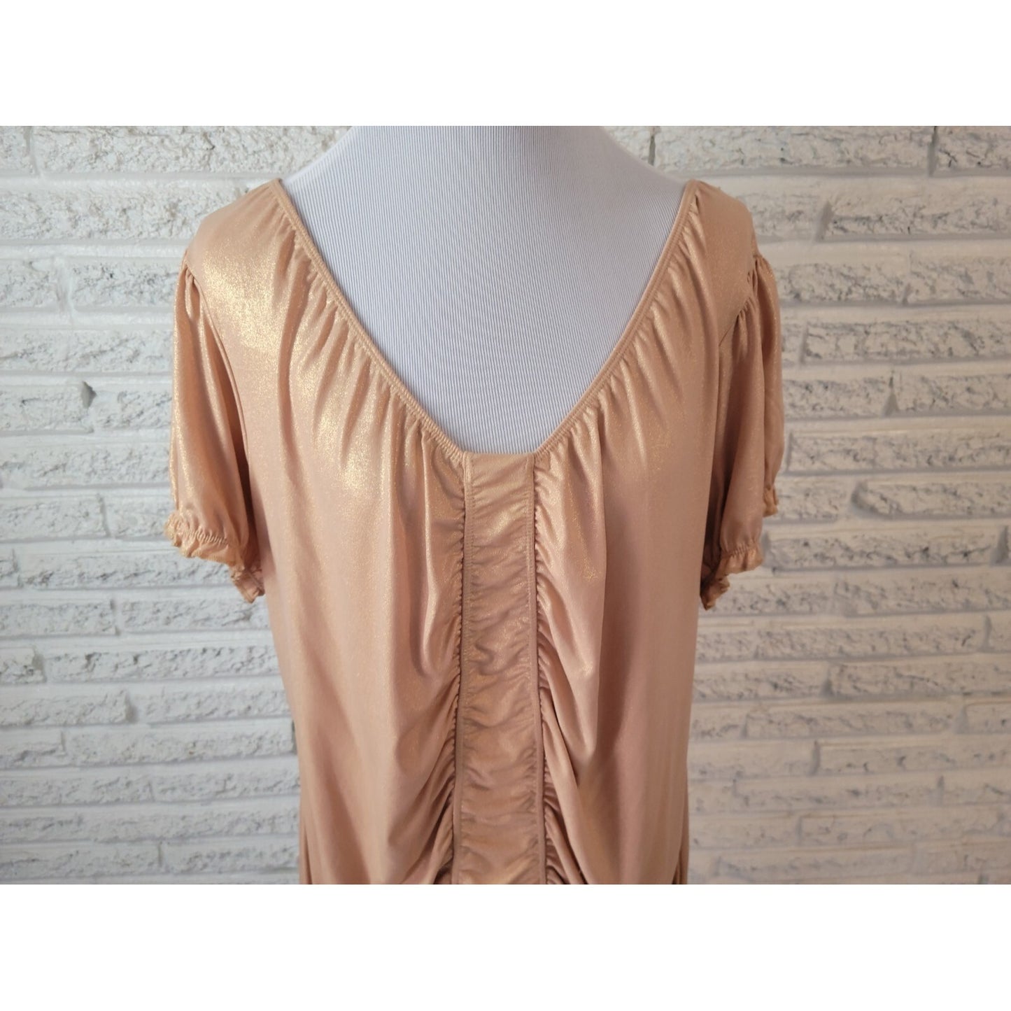 Worthington Womens Top 2X Plus Puff Sleeve Metallic Gold Glitter Ruched Beige