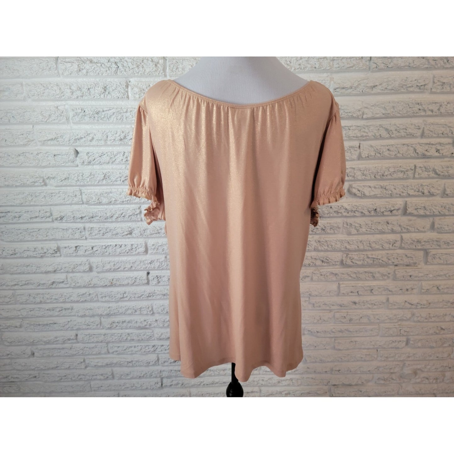 Worthington Womens Top 2X Plus Puff Sleeve Metallic Gold Glitter Ruched Beige