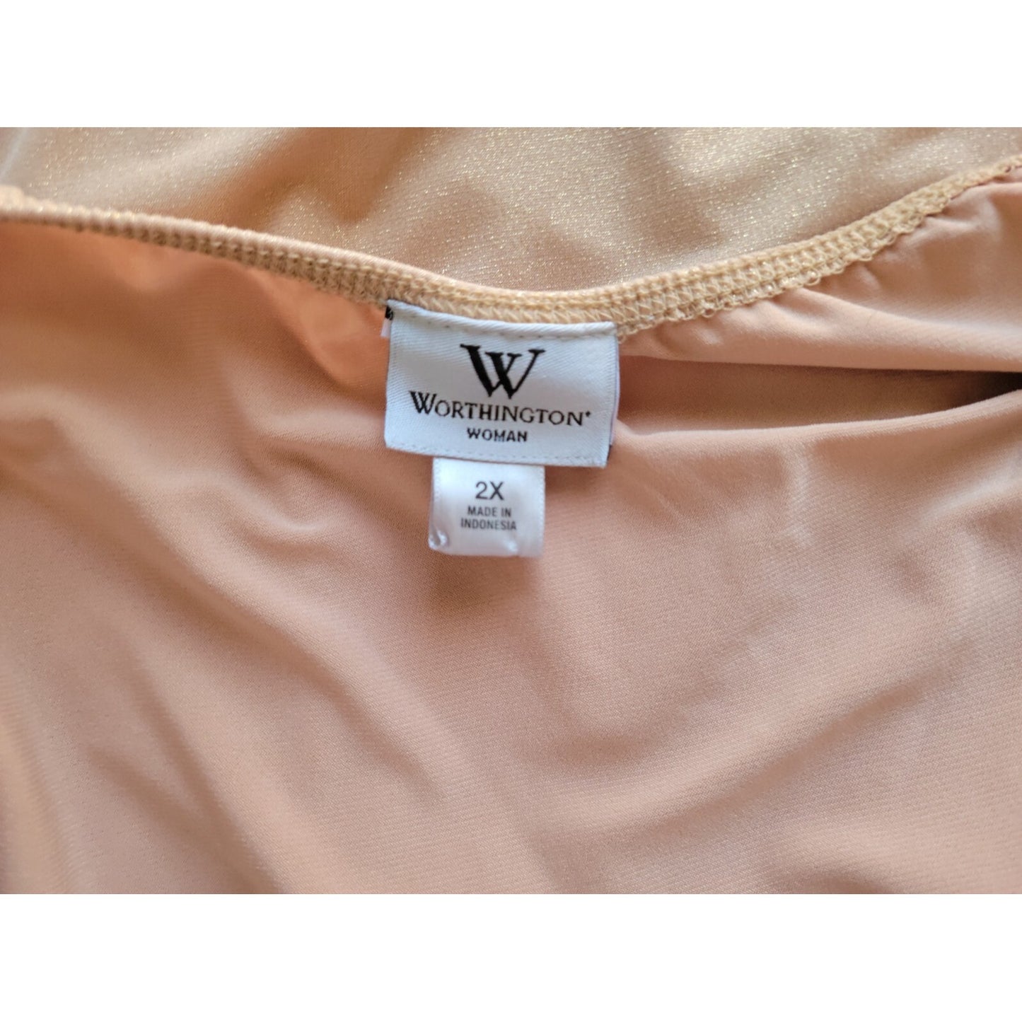 Worthington Womens Top 2X Plus Puff Sleeve Metallic Gold Glitter Ruched Beige