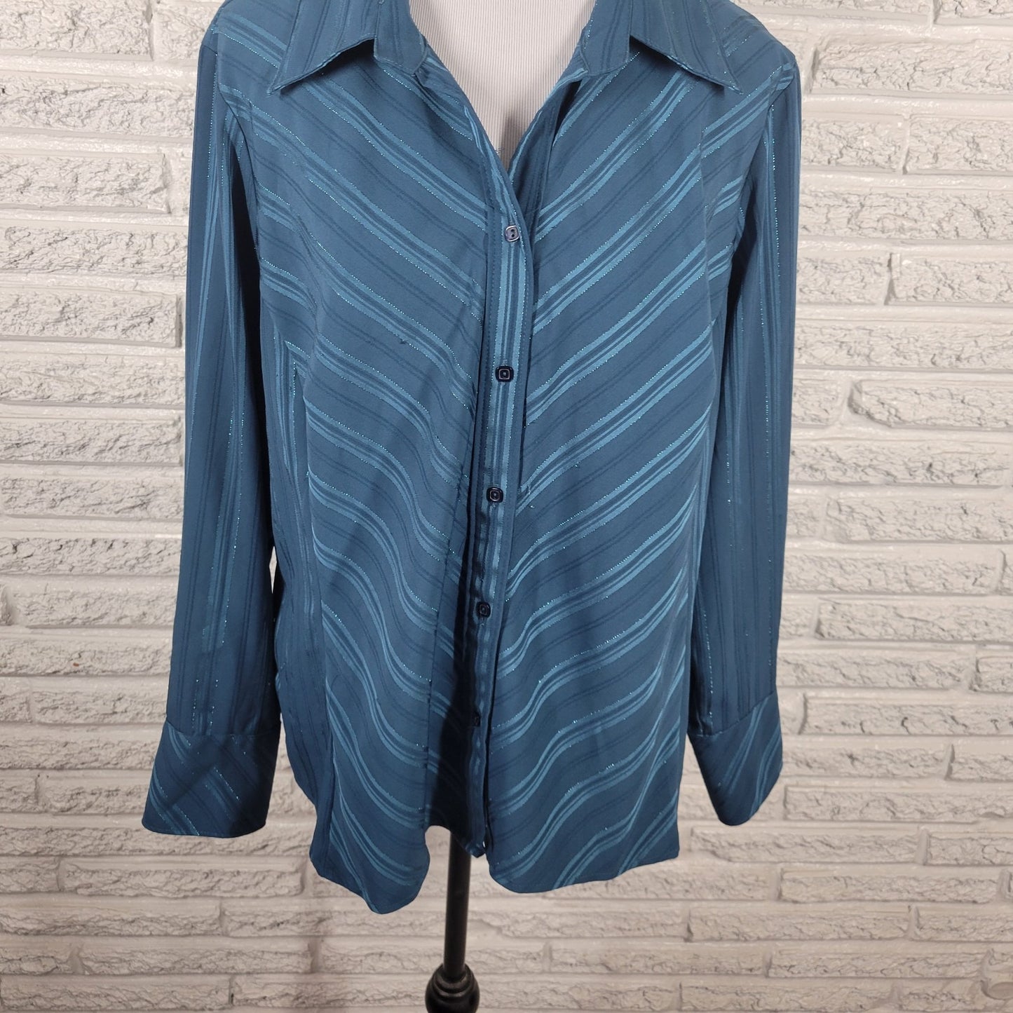 Apt 9 Womens Top 1X Plus Long Sleeve Blue Stripe Poly Blend Silver Metallic