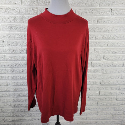 Croft Barrow Womens Top 2X Plus Long Sleeve Red High Neck Cotton Comfy Casual