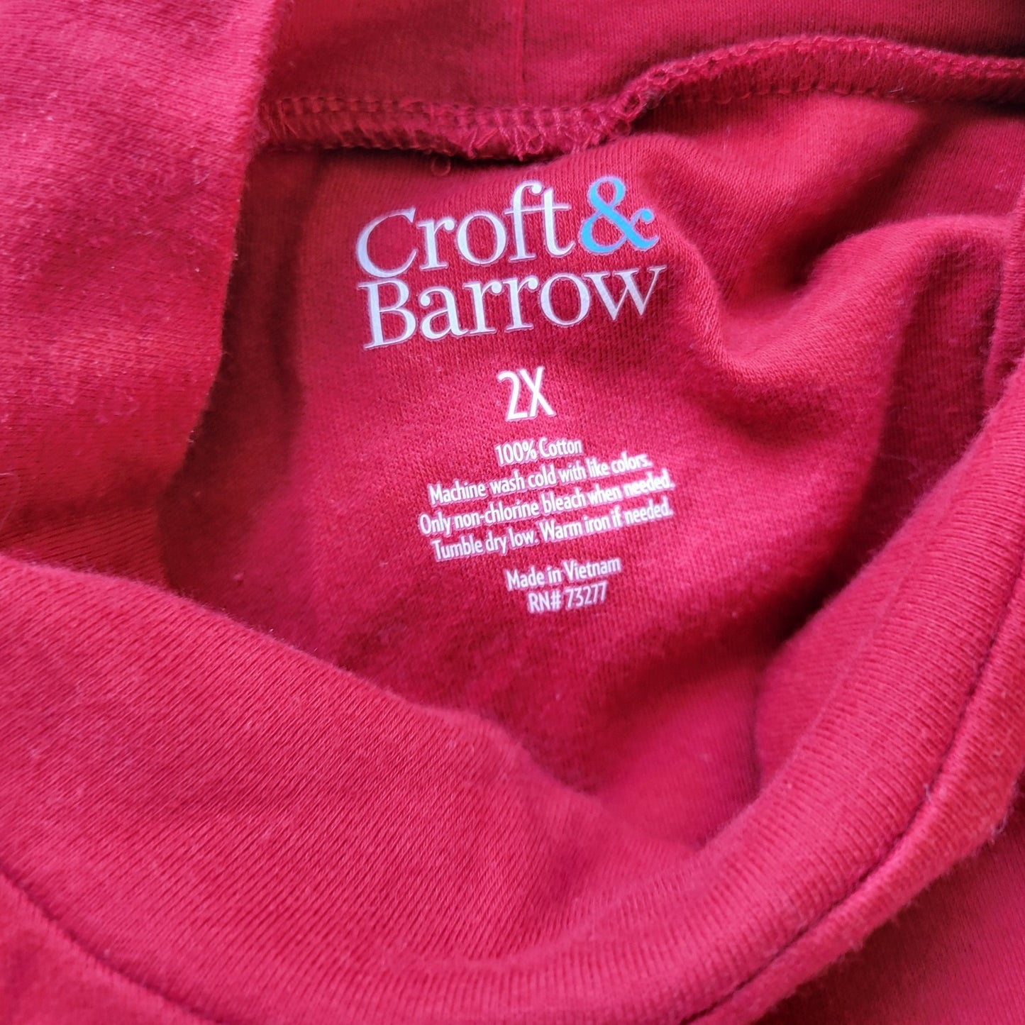 Croft Barrow Womens Top 2X Plus Long Sleeve Red High Neck Cotton Comfy Casual
