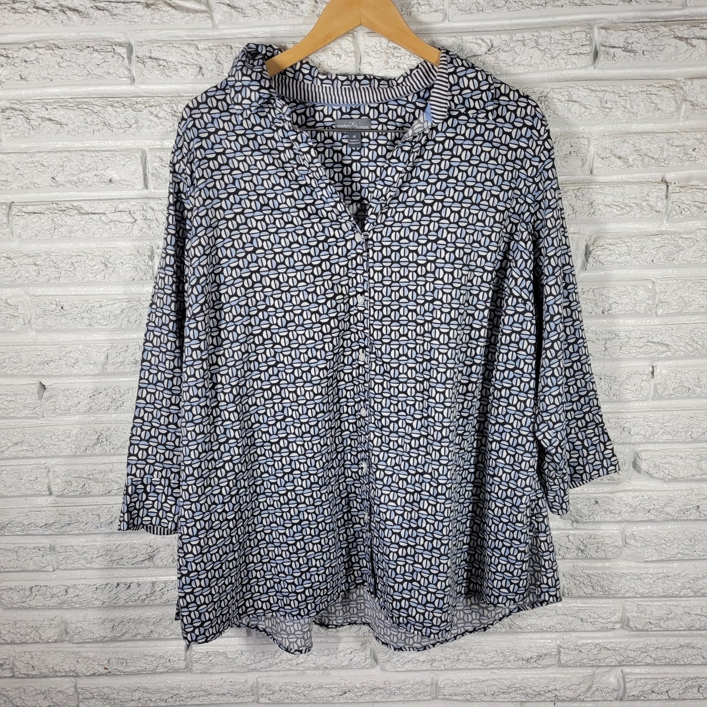 Market & Spruce Women's Plus Size 3X 100% Cotton Blue Black Geometric Button Up