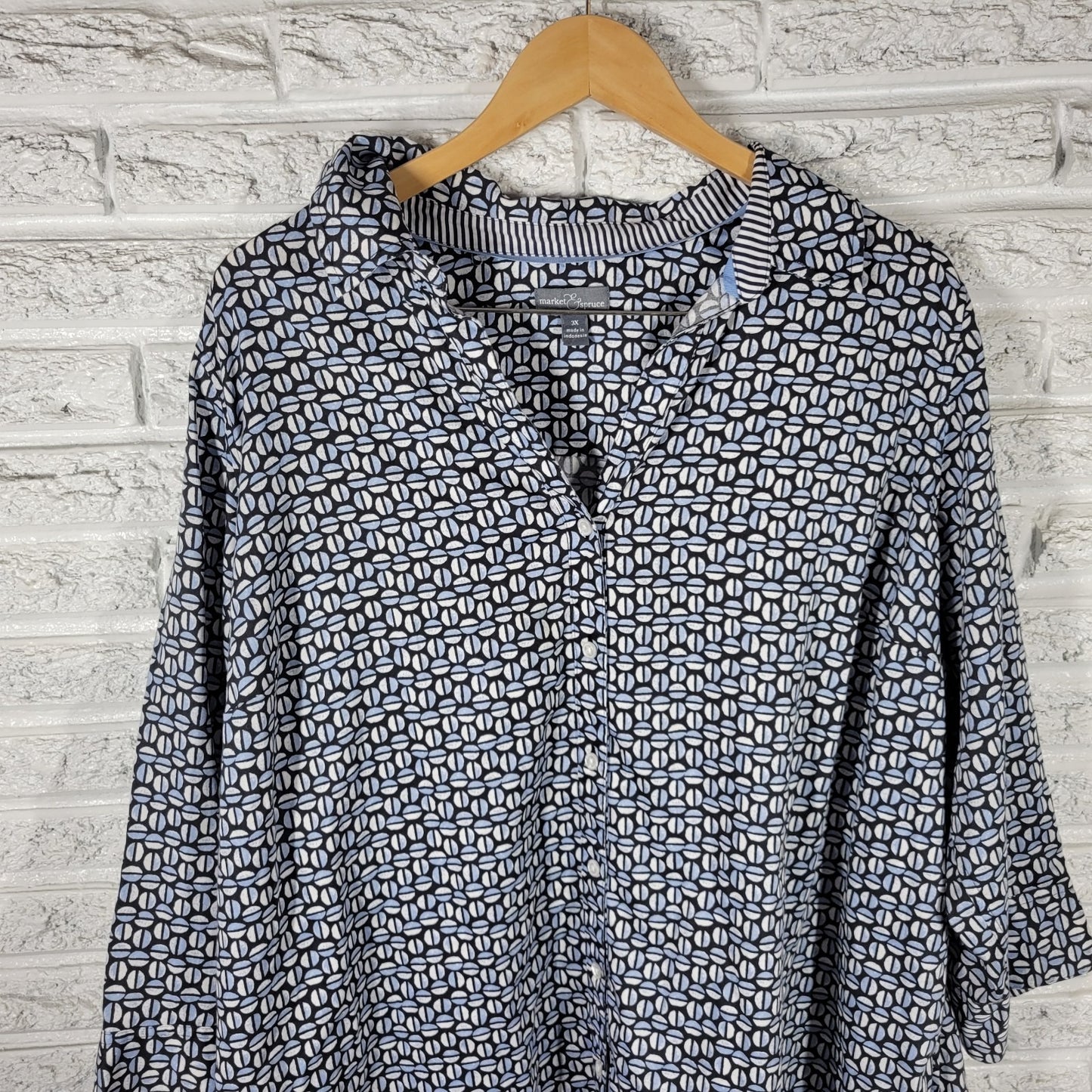 Market & Spruce Women's Plus Size 3X 100% Cotton Blue Black Geometric Button Up