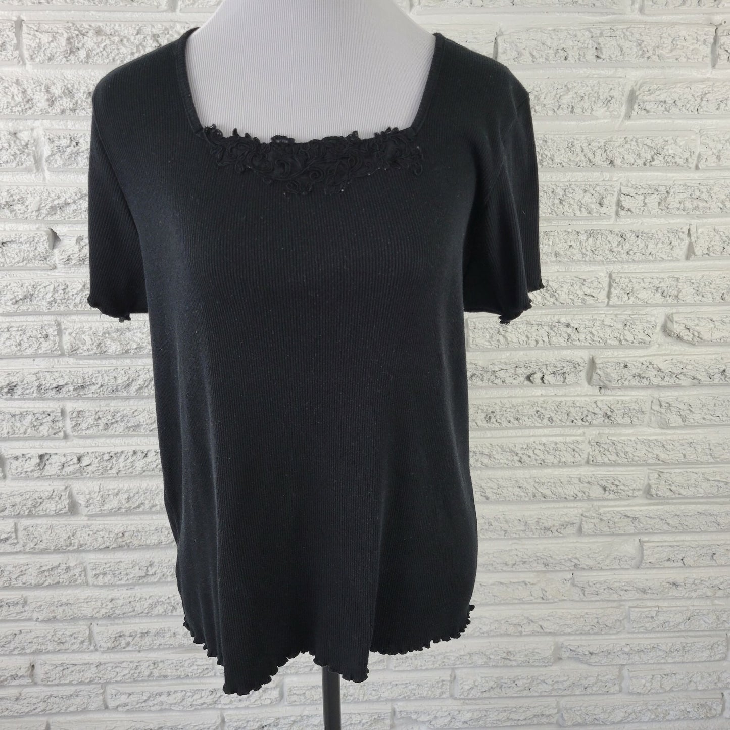 Liz & Me Womens Top 0X Plus Pullover Short Sleeve Black Lace Square Neck Casual