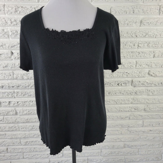 Liz & Me Womens Top 0X Plus Pullover Short Sleeve Black Lace Square Neck Casual