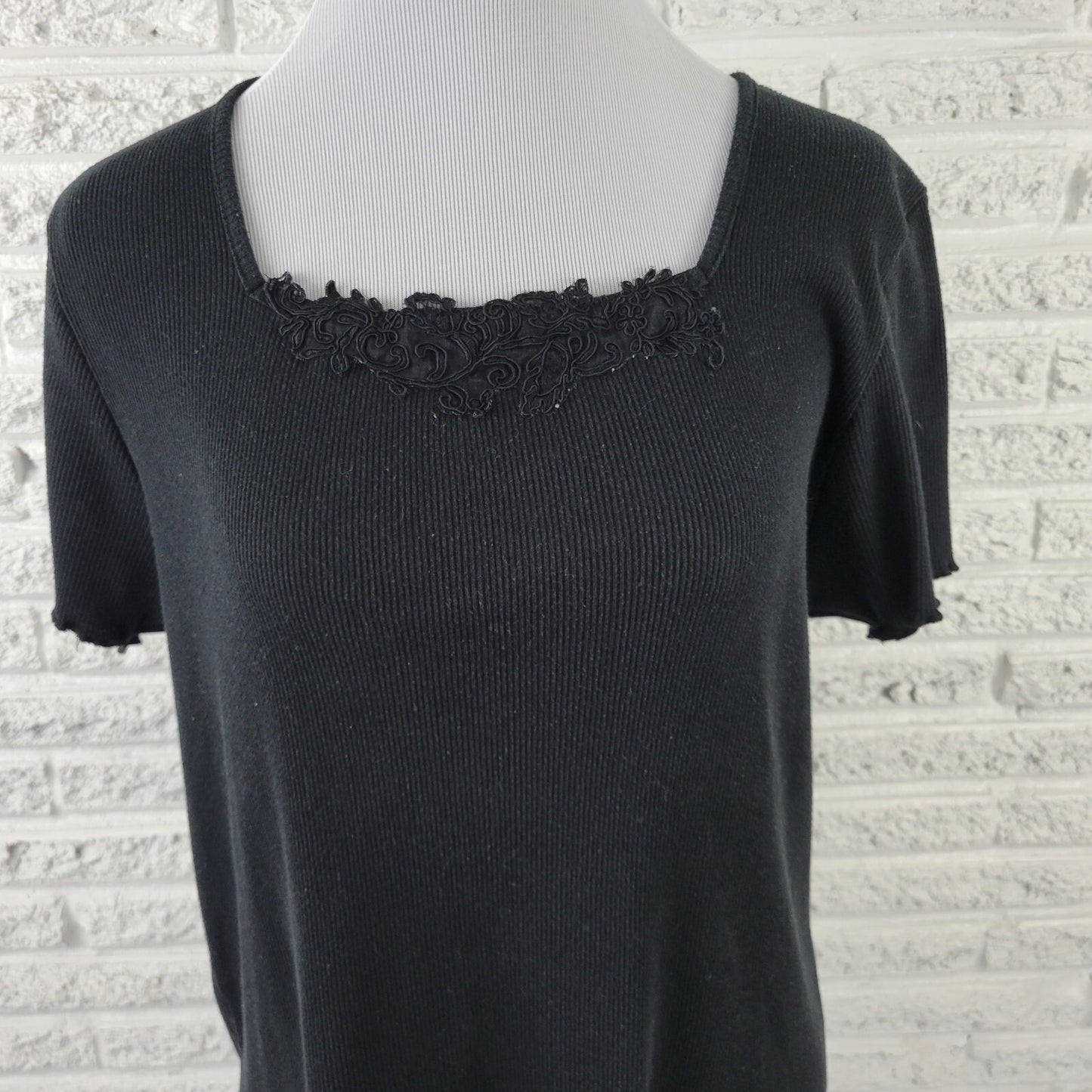Liz & Me Womens Top 0X Plus Pullover Short Sleeve Black Lace Square Neck Casual