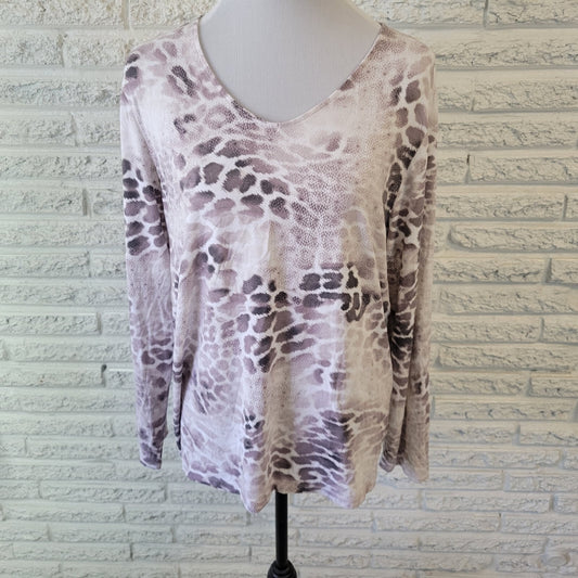 Chicos Womens Top 3 Standard XL Long Sleeve Gray White Animal Print Lightweight