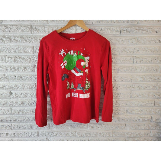 Christmas Holiday Time Womens Top Extra Large Tee Long Sleeve Red Santa Claus