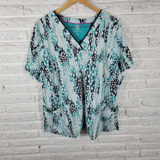 Healing Hands Unisex Scrub Top 3X Plus Blue Watercolor Poly Blend Pocket Medical