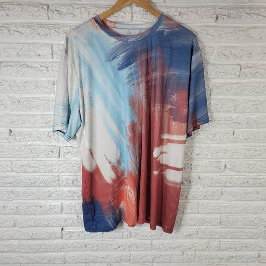 Women Top 4XL Plus Tee Short Sleeve Blue Pink Watercolor Poly Blend Casual Comfy