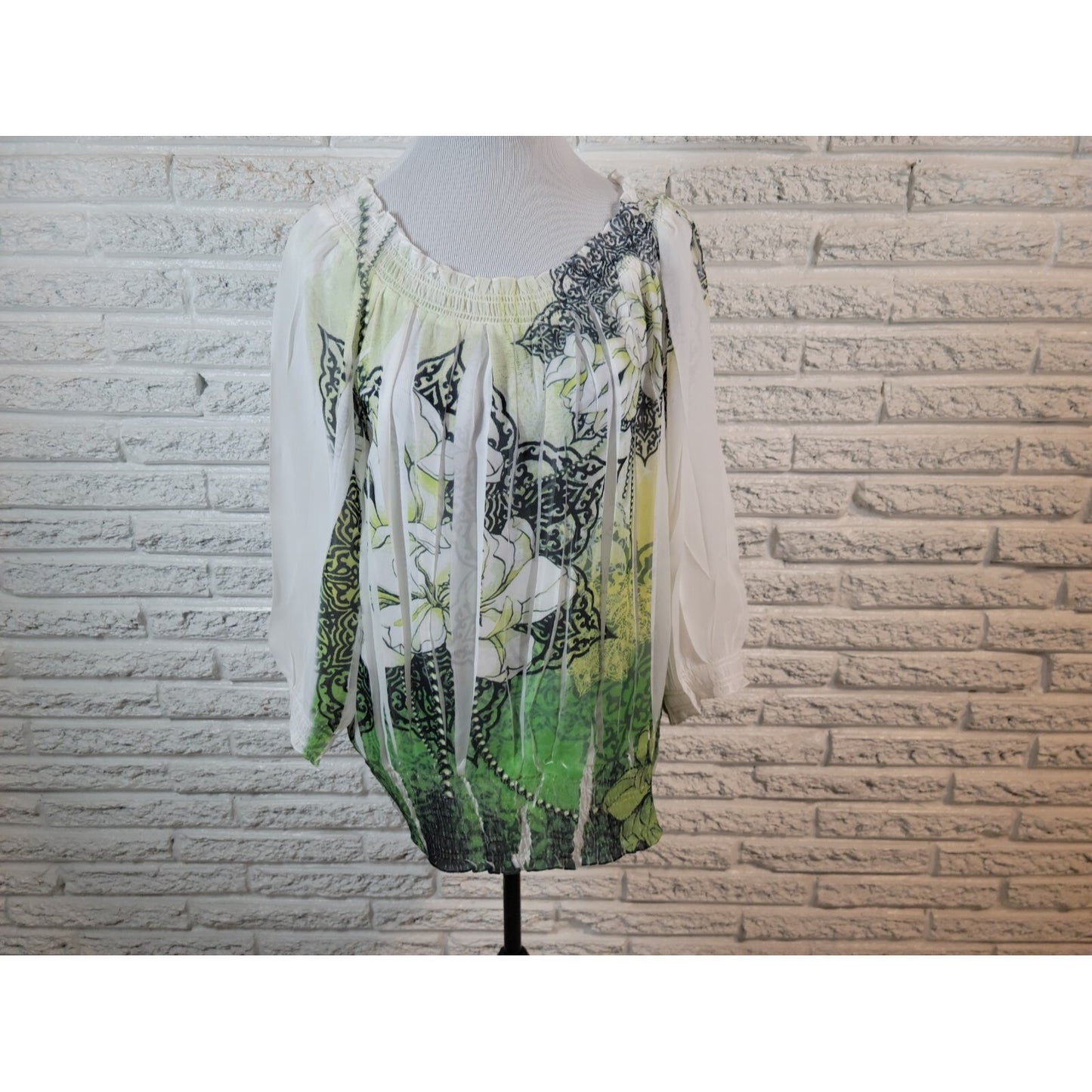 Cato Women Top 22W 24W Plus Peplum On Off Shoulder 3/4 Sleeve Sheer Green Floral