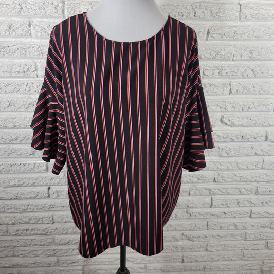 Worthington Womens Top 1X Plus Double Bell Sleeve Back Keyhole Black Stripe