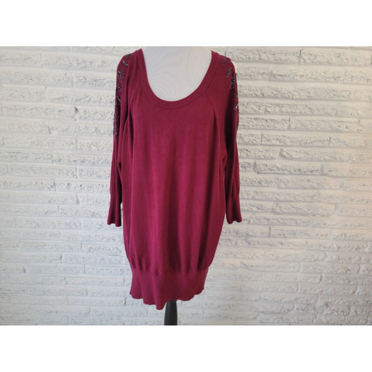 Lane Bryant Women Sweater 26 28 Plus Cold Shoulder Oversize Burgundy Beads