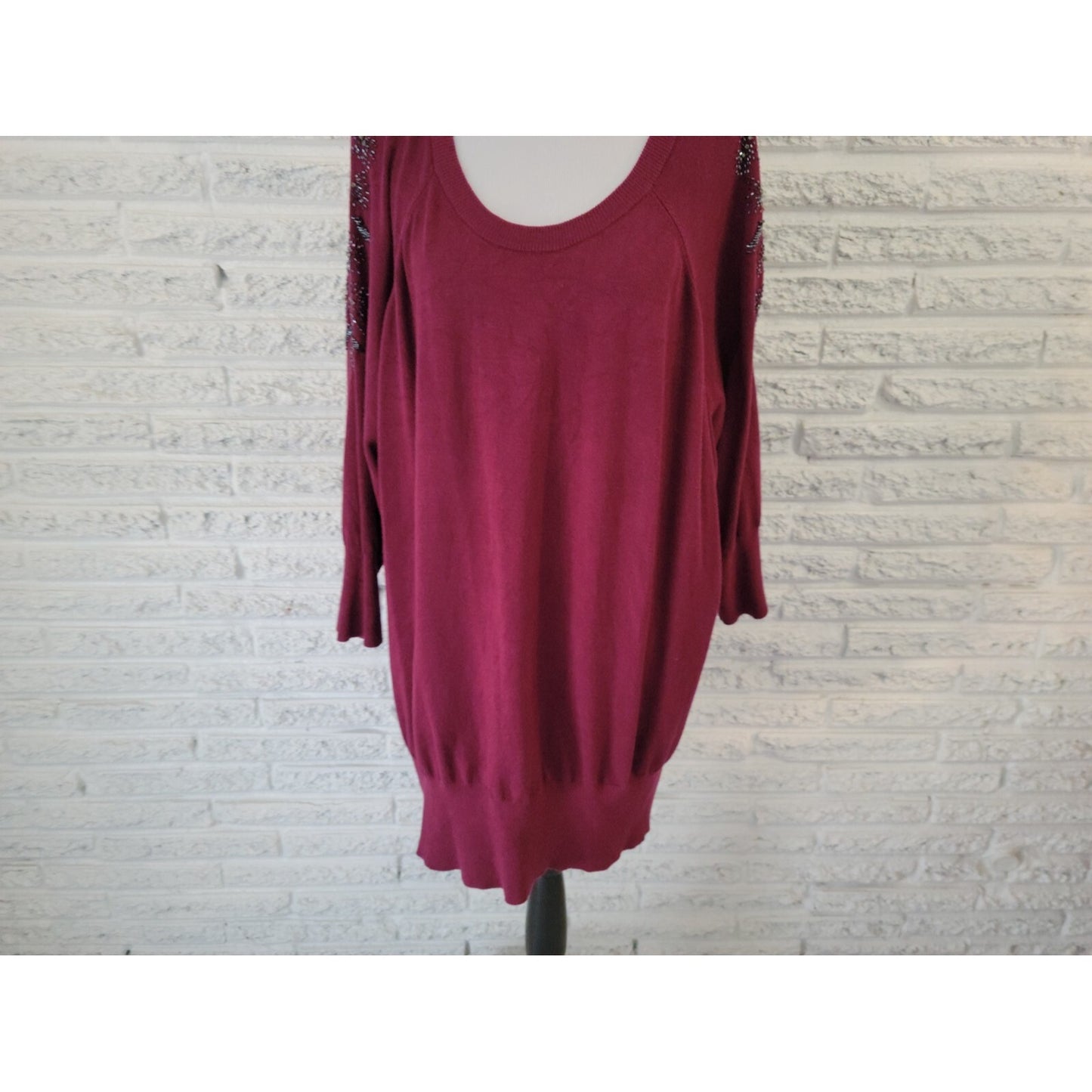 Lane Bryant Women Sweater 26 28 Plus Cold Shoulder Oversize Burgundy Beads