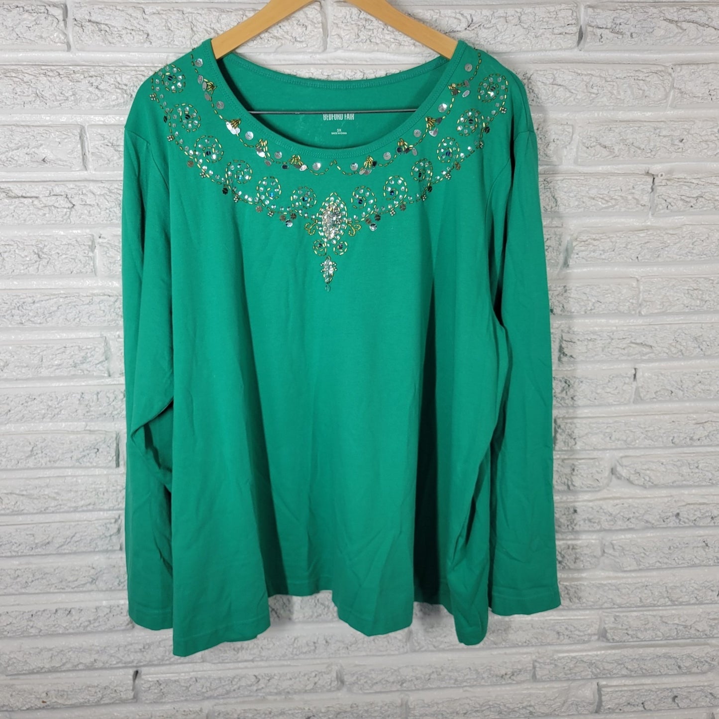 Bedford Fair Womens Top 3X Plus Long Sleeve Green Beaded Sequins Comfy Casual