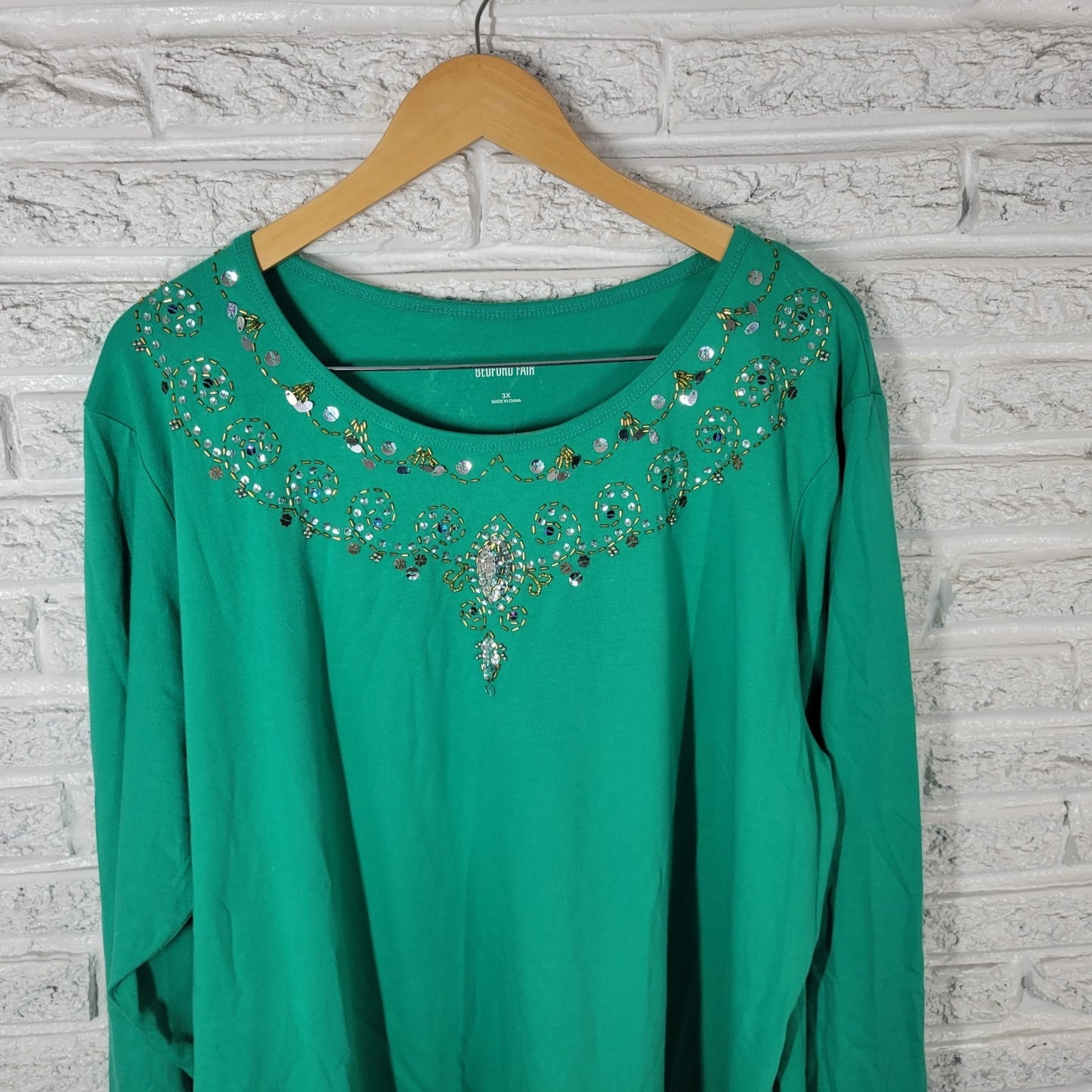 Bedford Fair Womens Top 3X Plus Long Sleeve Green Beaded Sequins Comfy Casual