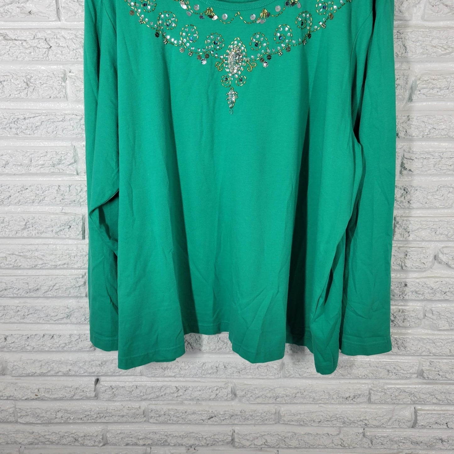 Bedford Fair Womens Top 3X Plus Long Sleeve Green Beaded Sequins Comfy Casual
