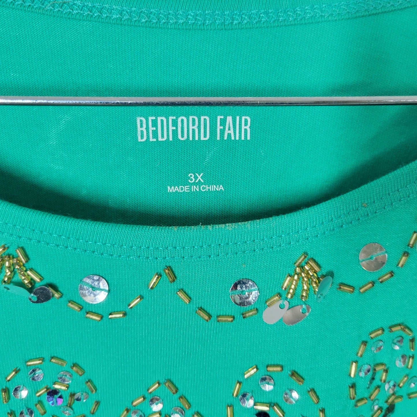 Bedford Fair Womens Top 3X Plus Long Sleeve Green Beaded Sequins Comfy Casual