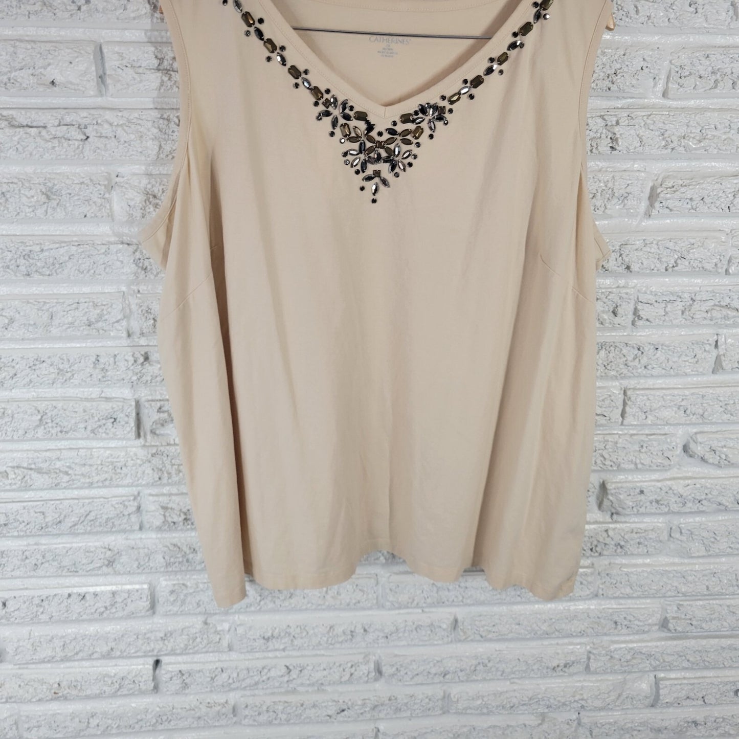 Catherines Liz Me Womens Top 3X Plus Sleeveless Beige Beaded Cotton Blend Career