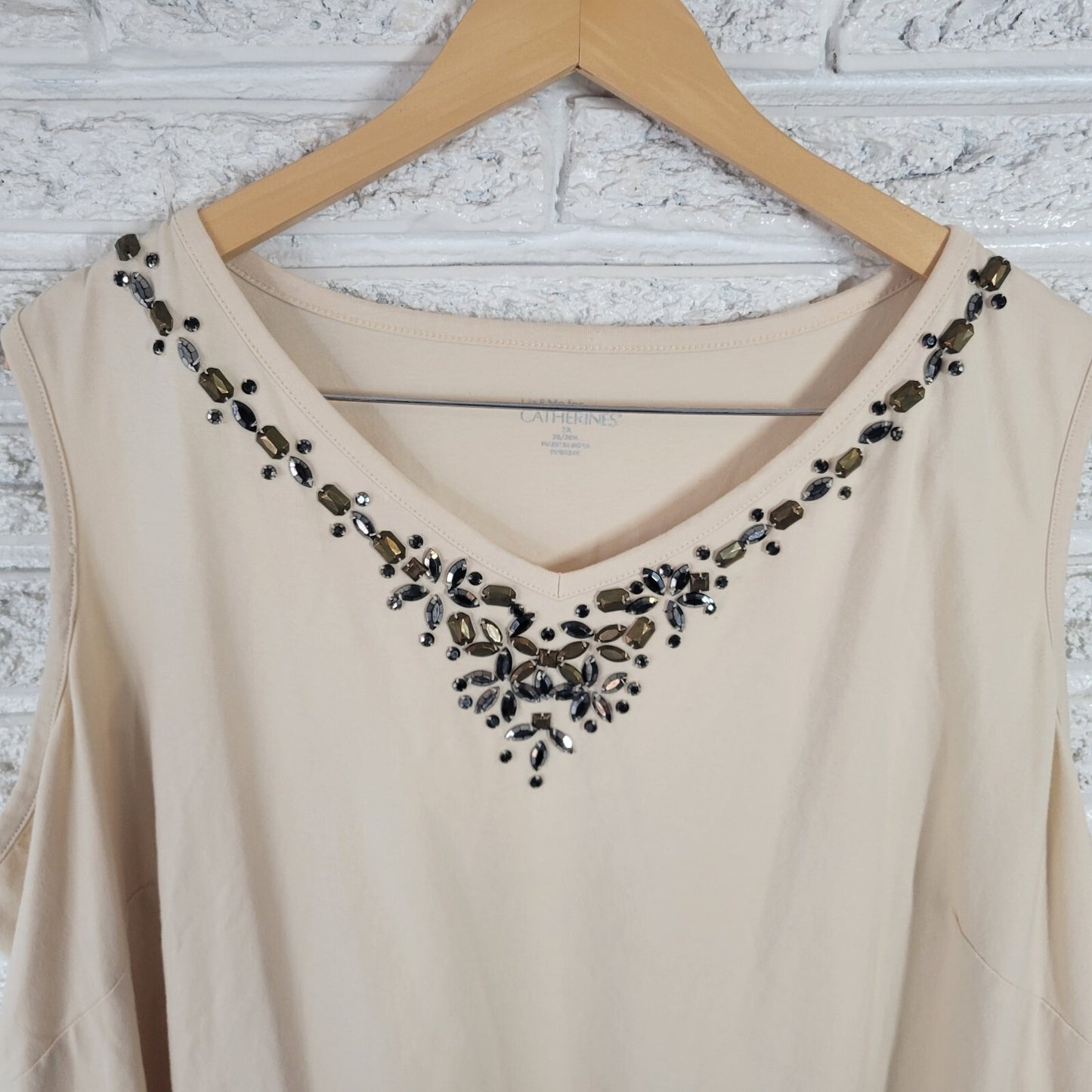 Catherines Liz Me Womens Top 3X Plus Sleeveless Beige Beaded Cotton Blend Career