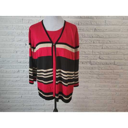 Sag Harbor Women Sweater 2X Plus Long Sleeve Red Stripe Clasp Closure Office