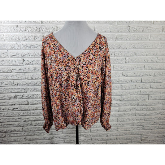 Old Navy Womens Top 2X Plus Cropped Long Sleeve Brown Floral Quarter Button