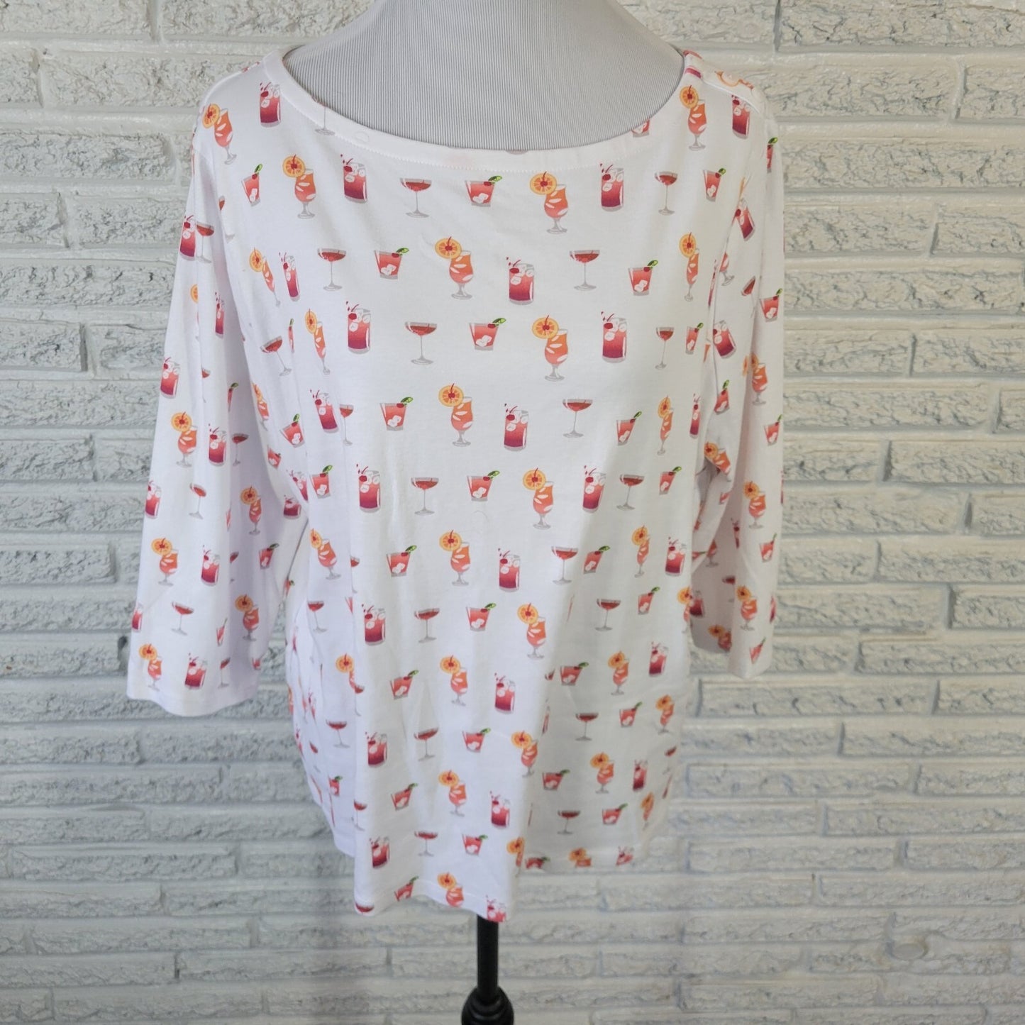 Charter Club Women Top XXL Plus Tee Pink Orange Cocktails All Over Happy Hour