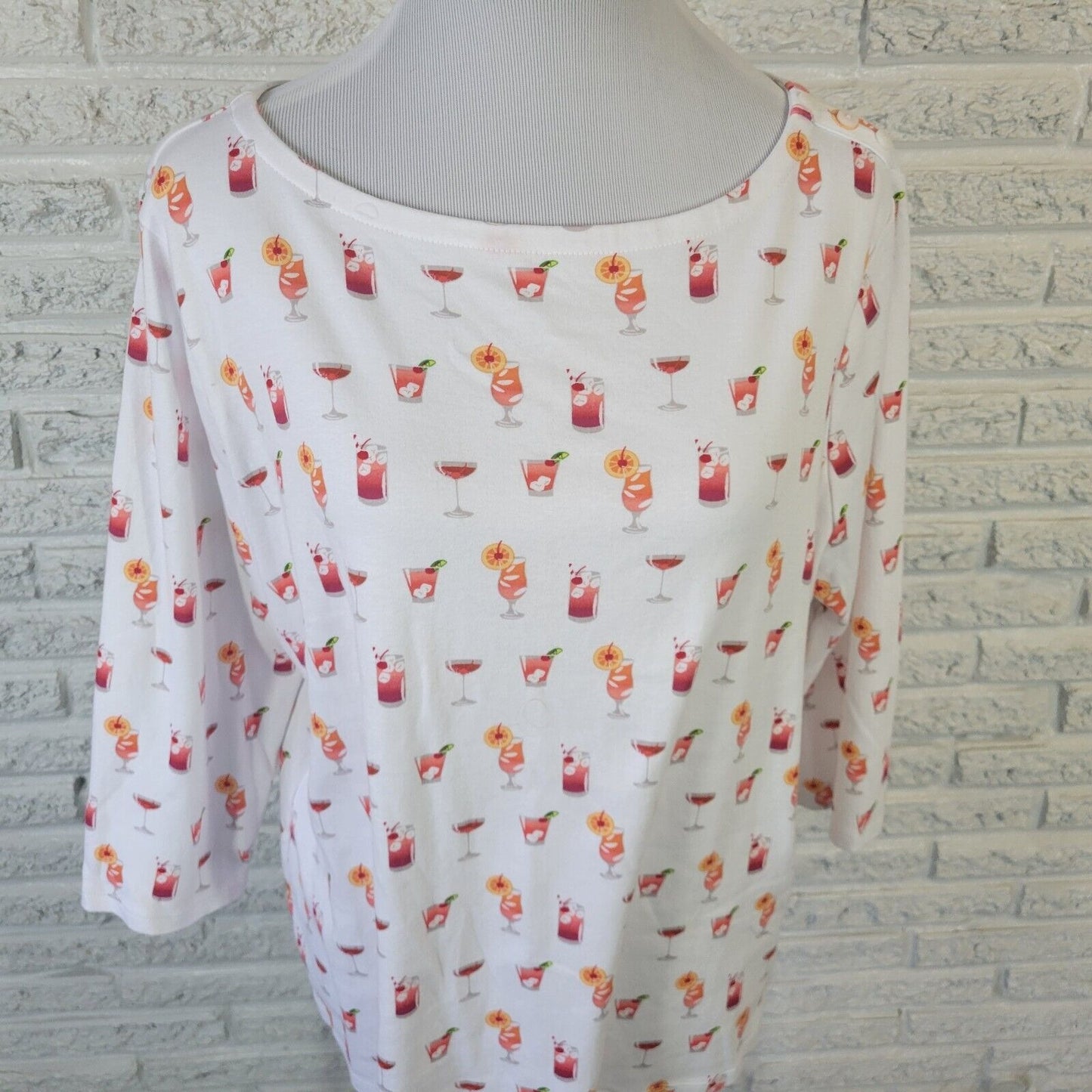 Charter Club Women Top XXL Plus Tee Pink Orange Cocktails All Over Happy Hour