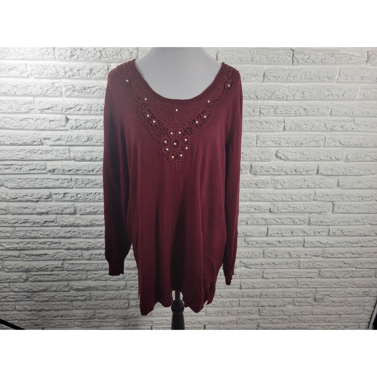 Roamans Womens Tunic 18 20 Long Sleeve Burgundy Faux Pearls Crochet Career Knit