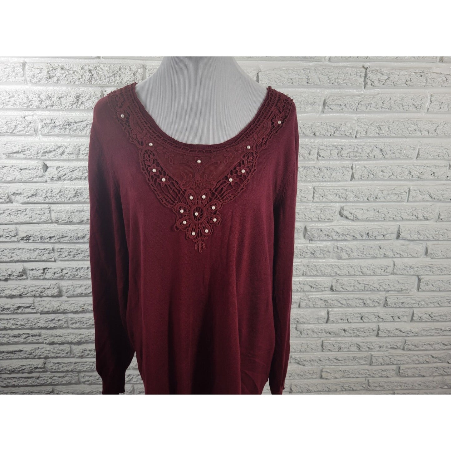 Roamans Womens Tunic 18 20 Long Sleeve Burgundy Faux Pearls Crochet Career Knit