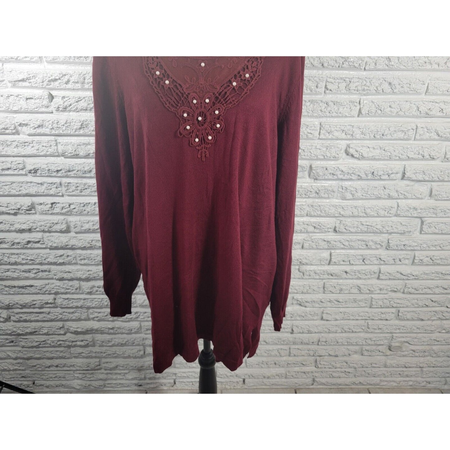 Roamans Womens Tunic 18 20 Long Sleeve Burgundy Faux Pearls Crochet Career Knit