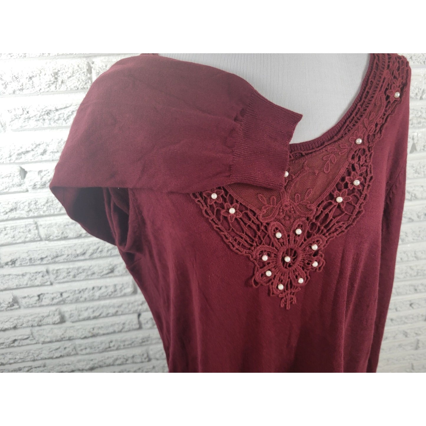 Roamans Womens Tunic 18 20 Long Sleeve Burgundy Faux Pearls Crochet Career Knit