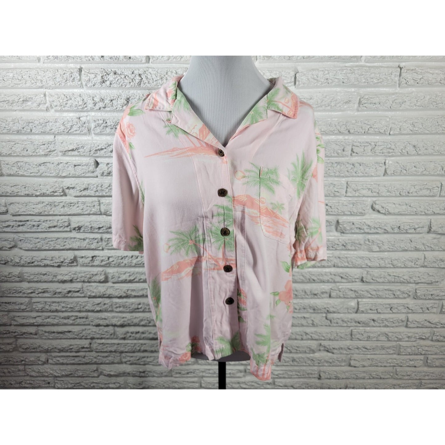 CJ Banks Womens Top X Short Sleeve Pink Tropical Rayon Collar Casual Button Up