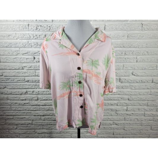 CJ Banks Womens Top X Short Sleeve Pink Tropical Rayon Collar Casual Button Up
